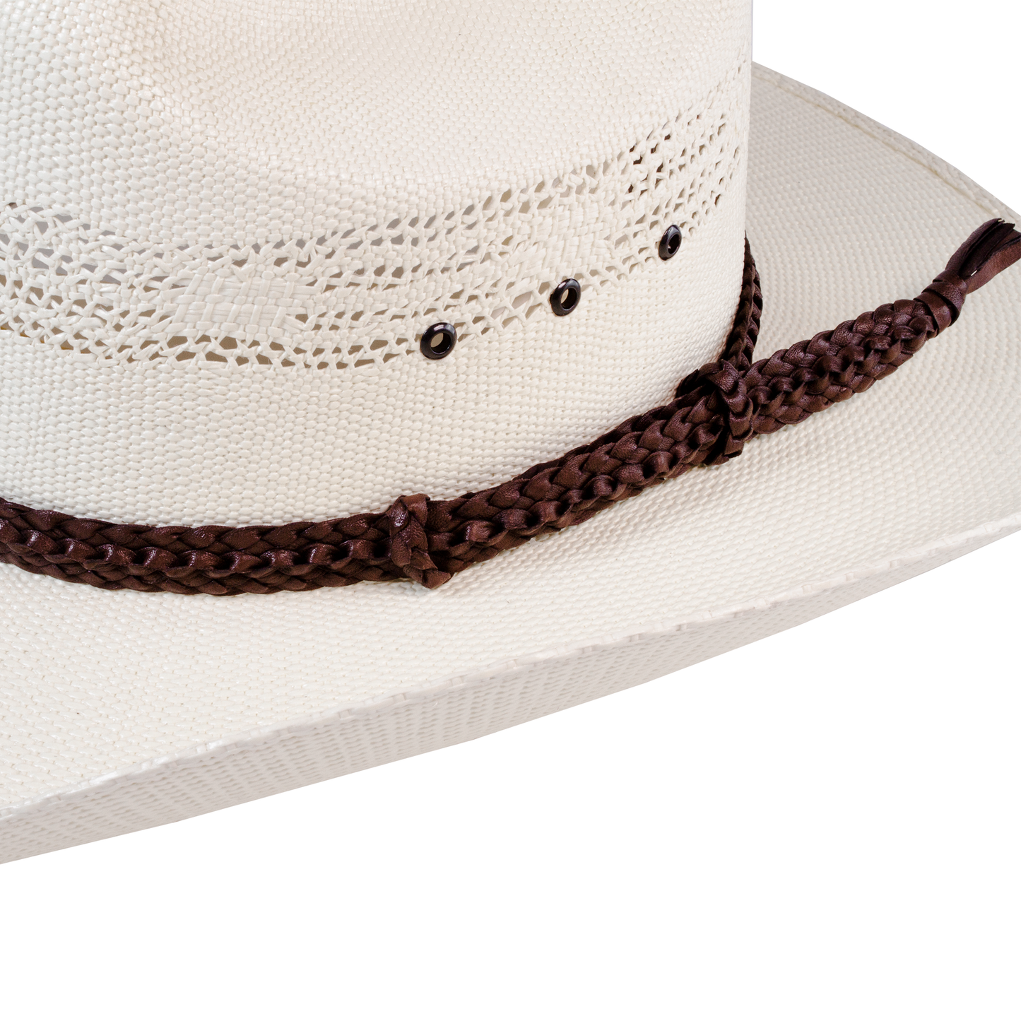 Croc Ridge Style Genuine Australian Kangaroo Leather Hat band. Choc colour on straw Straw Stetson white background. 